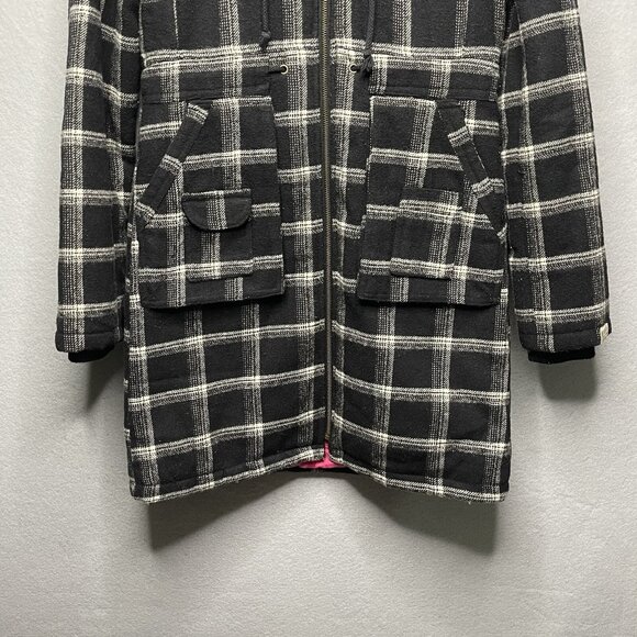 Billabong Coat Women's Black White Plaid Wool Blend Hooded Faux Fur Jacket Small - Picture 5 of 11